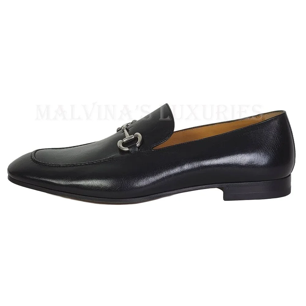 GUCCI SHOES MENS BLACK LEATHER LOAFERS w SILVER TONE HORSEBIT sz 13 13.5 US - Picture 3 of 15